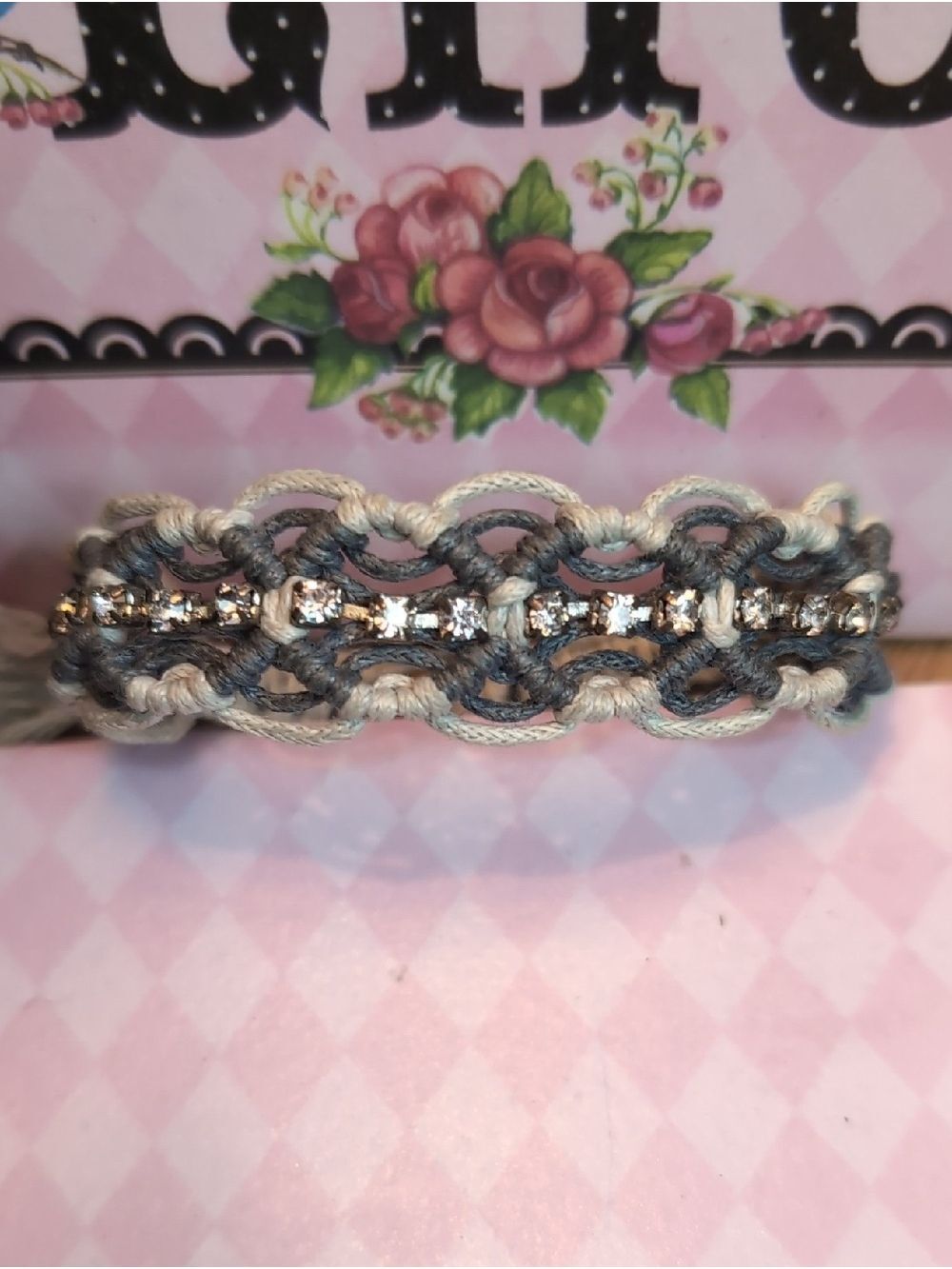 Handcrafted Gray and Cream Crystal Macramé Bracelet